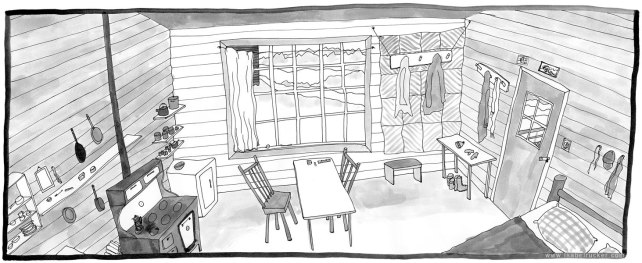 "Unfurling", panel 106 of 177, Wyoming one-room cabin.
